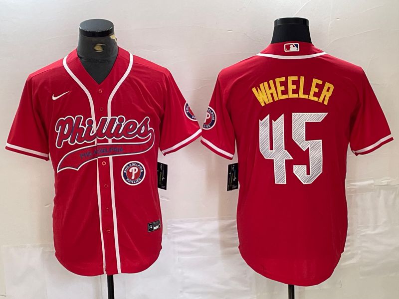 Men Philadelphia Phillies 45 Wheeler Red Jointly Nike 2024 MLB Jersey style 3